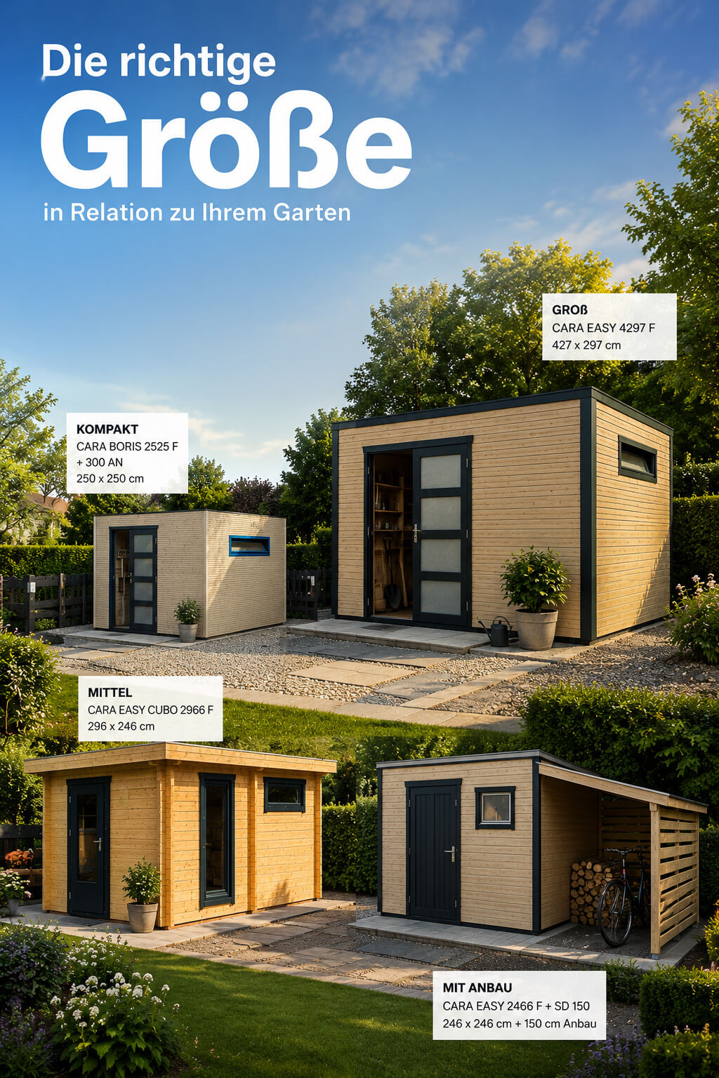KI generiertes Bild einer Übersicht verschiedener Gartenhausgrößen